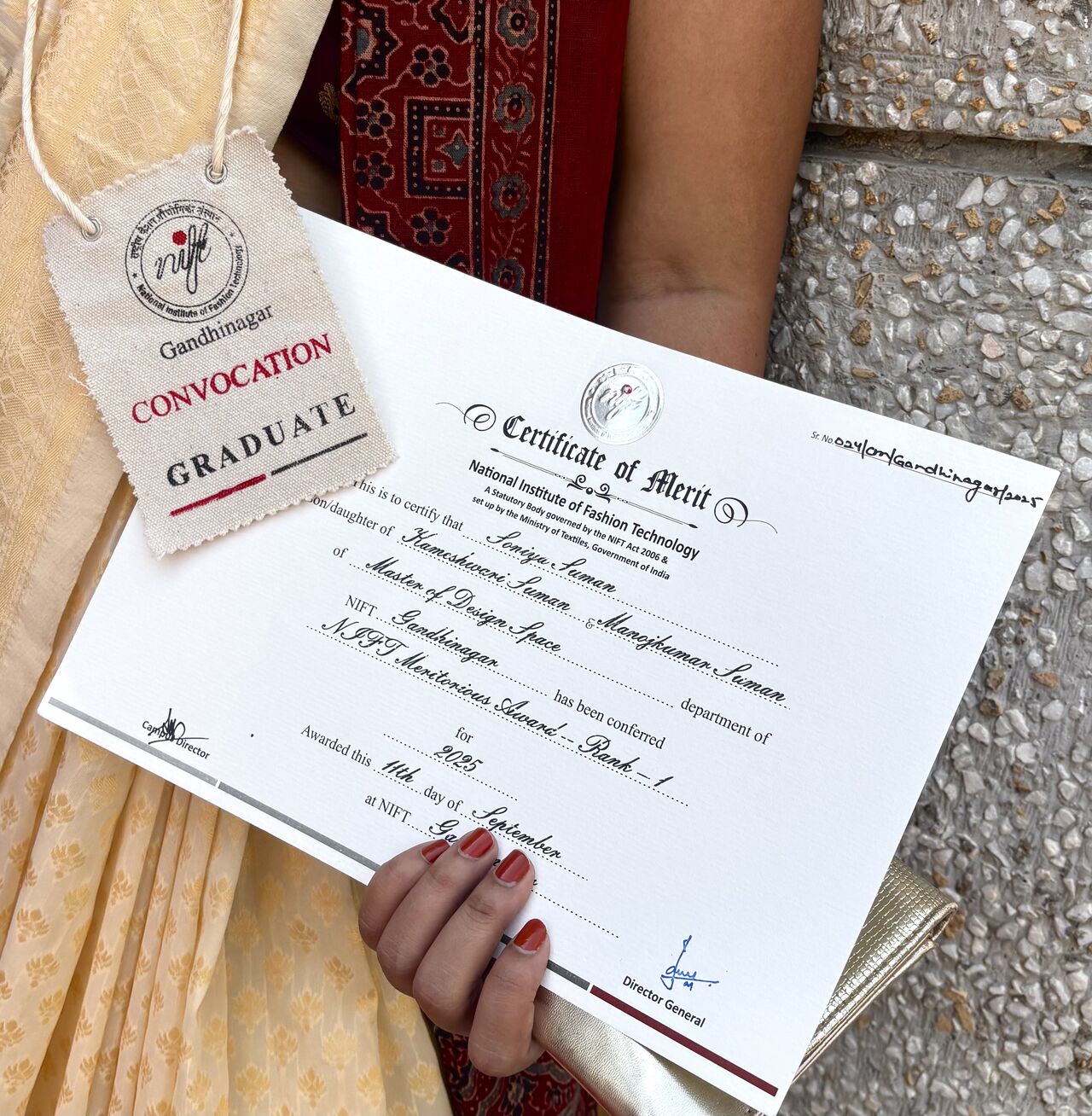 Merit certificate and convocation badge from NIFT Gandhinagar