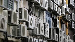 Rows of outdoor AC units for Biomimetic Cooling Pads