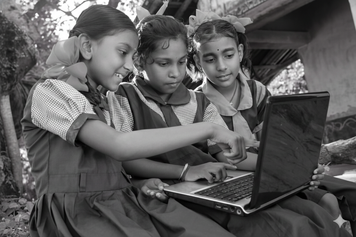School girls using a laptop for the PRAGATI project